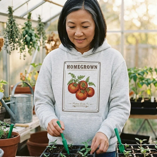 Homegrown Heirloom Seed Packet gardening hoodie — lifestyle