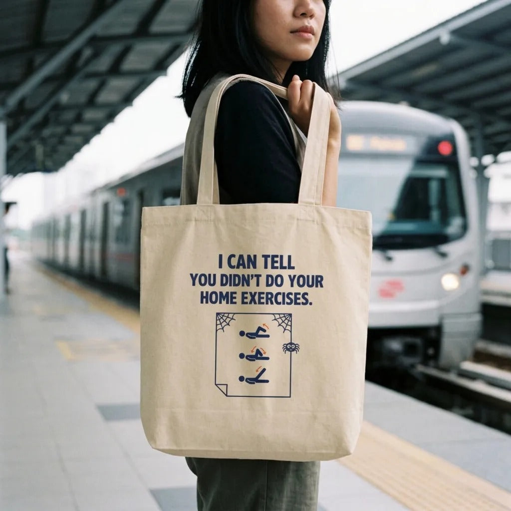 Home Exercises funny physical therapy tote bag — lifestyle
