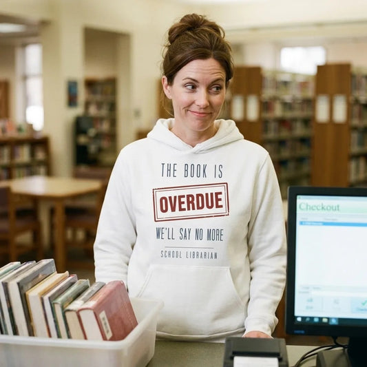 The Book Is Overdue funny school librarian hoodie — lifestyle