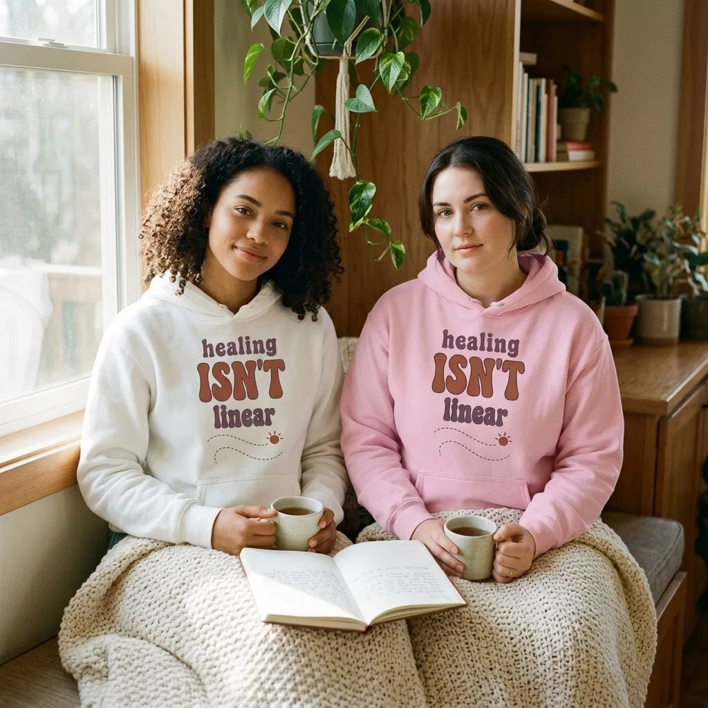 Healing Isn't Linear soft retro mental health hoodie — lifestyle
