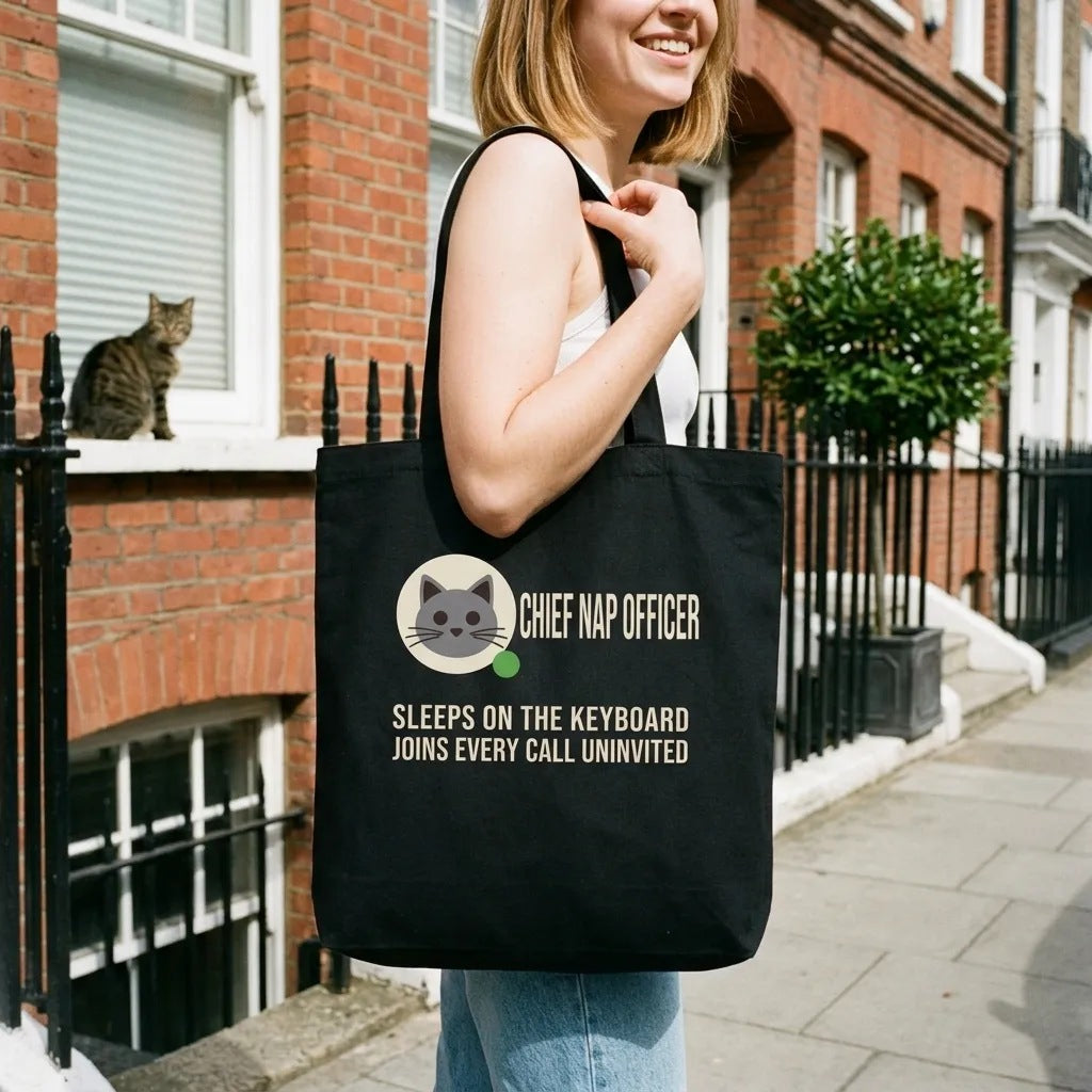 Chief Nap Officer cat profile card tote bag — lifestyle