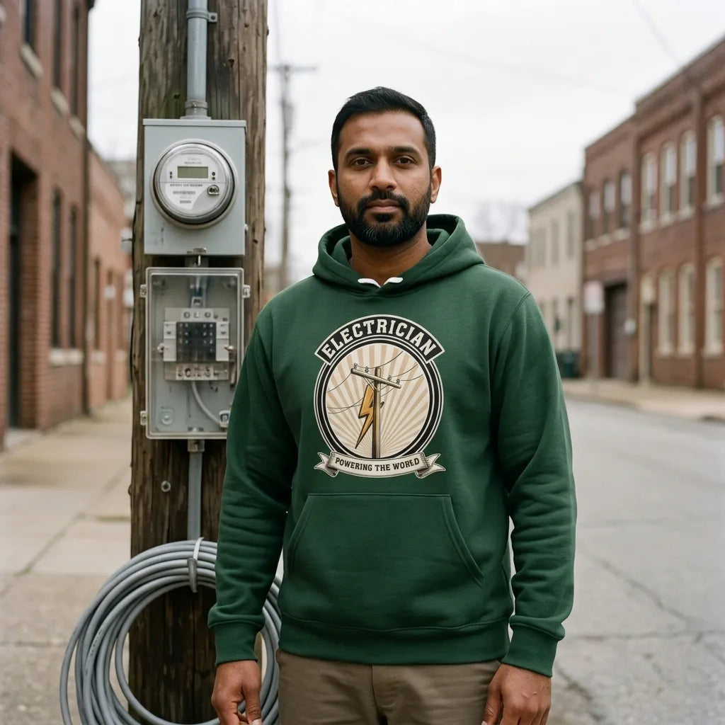 Powering The World electrician emblem hoodie — lifestyle