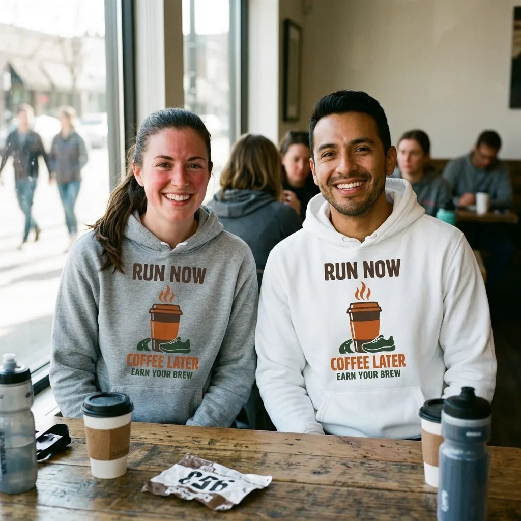 Run Now Coffee Later funny running hoodie — lifestyle
