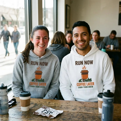 Run Now Coffee Later funny running hoodie — lifestyle