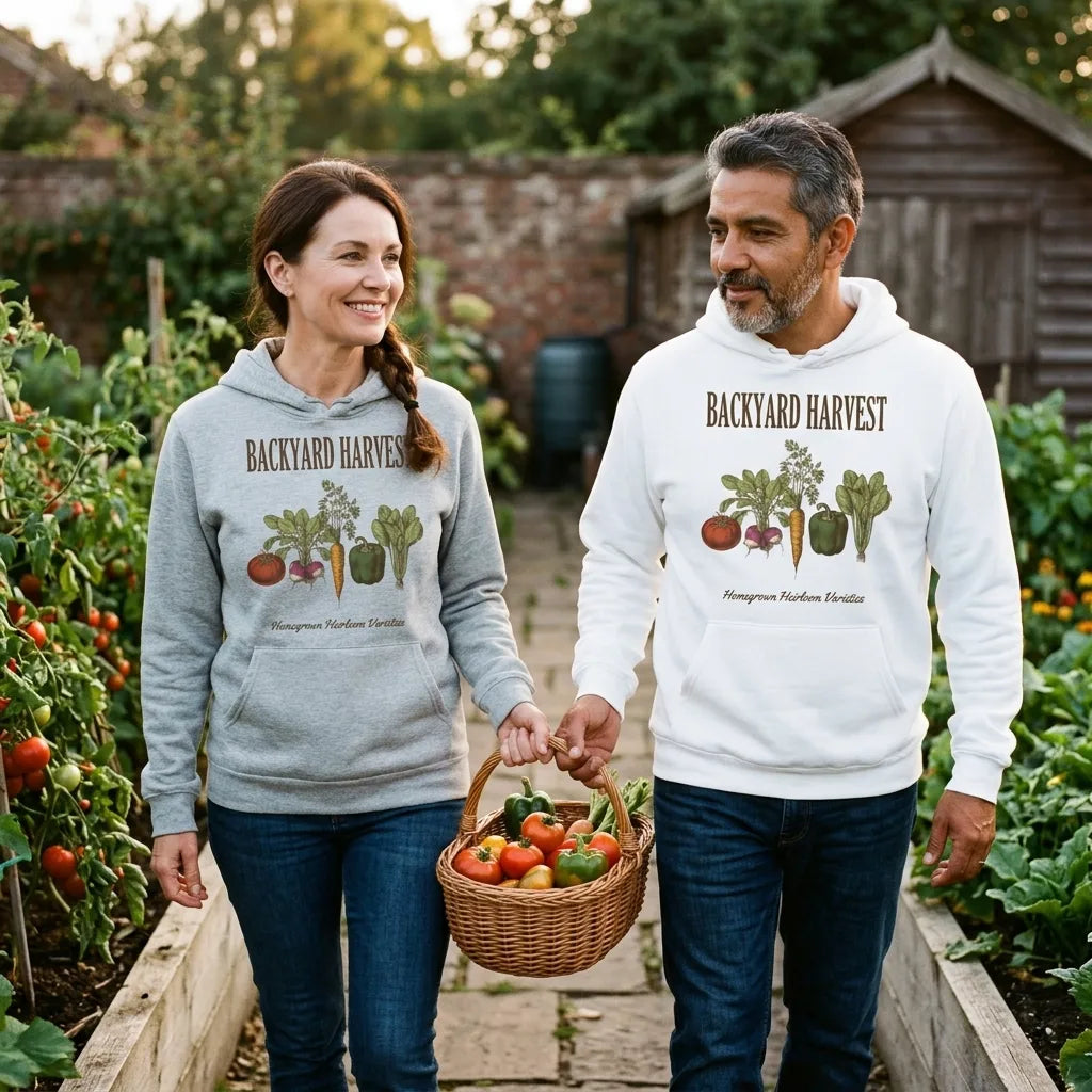 Backyard Harvest heirloom vegetable gardening hoodie — lifestyle
