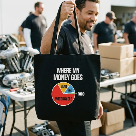 Where My Money Goes funny motorcycle tote bag — lifestyle