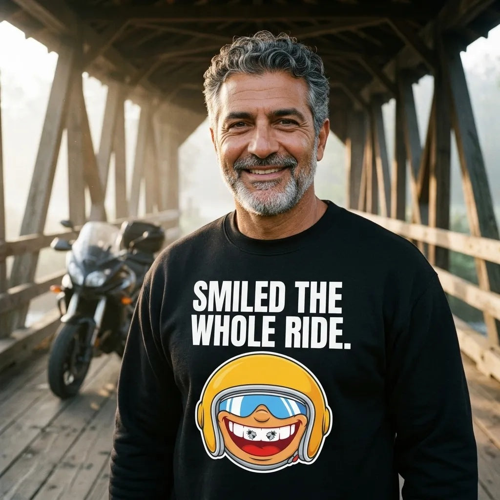 Smiled The Whole Ride funny motorcycle crewneck sweatshirt — lifestyle