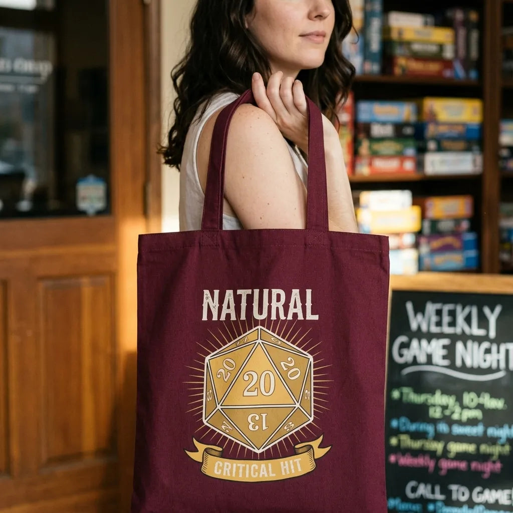 Natural 20 critical hit d20 tabletop RPG cotton tote bag — lifestyle
