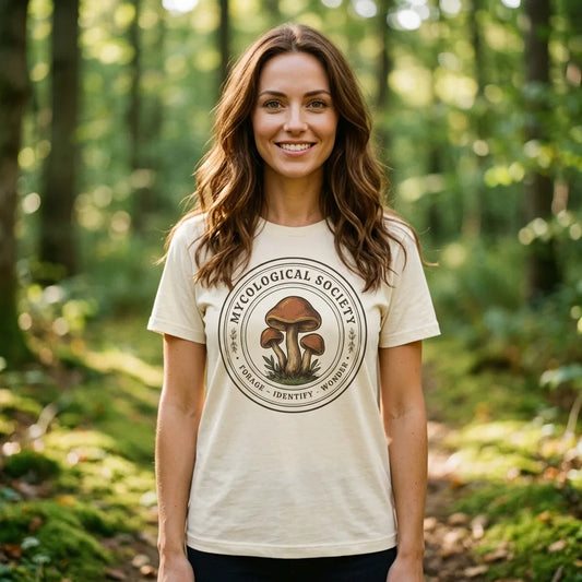 Mushroom Foraging Mycological Society vintage botanical tee — lifestyle