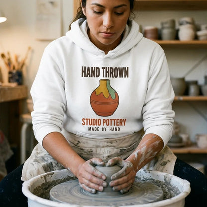 Hand Thrown Studio Pottery retro poster hoodie — lifestyle