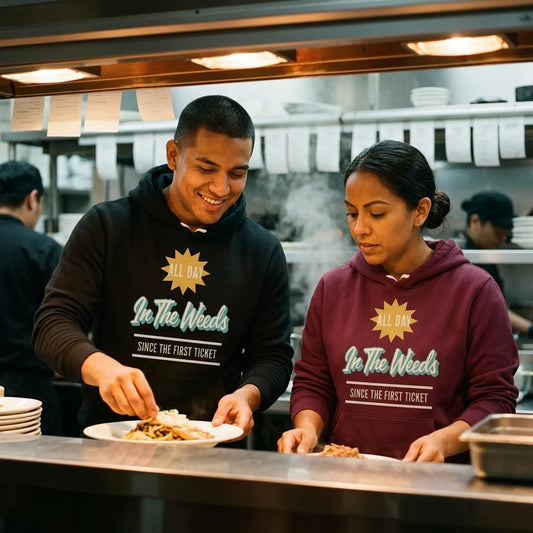 In The Weeds line cook retro diner service sign hoodie — lifestyle