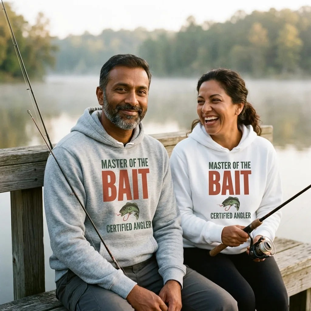 Master of the Bait retro fishing humor typography hoodie — lifestyle