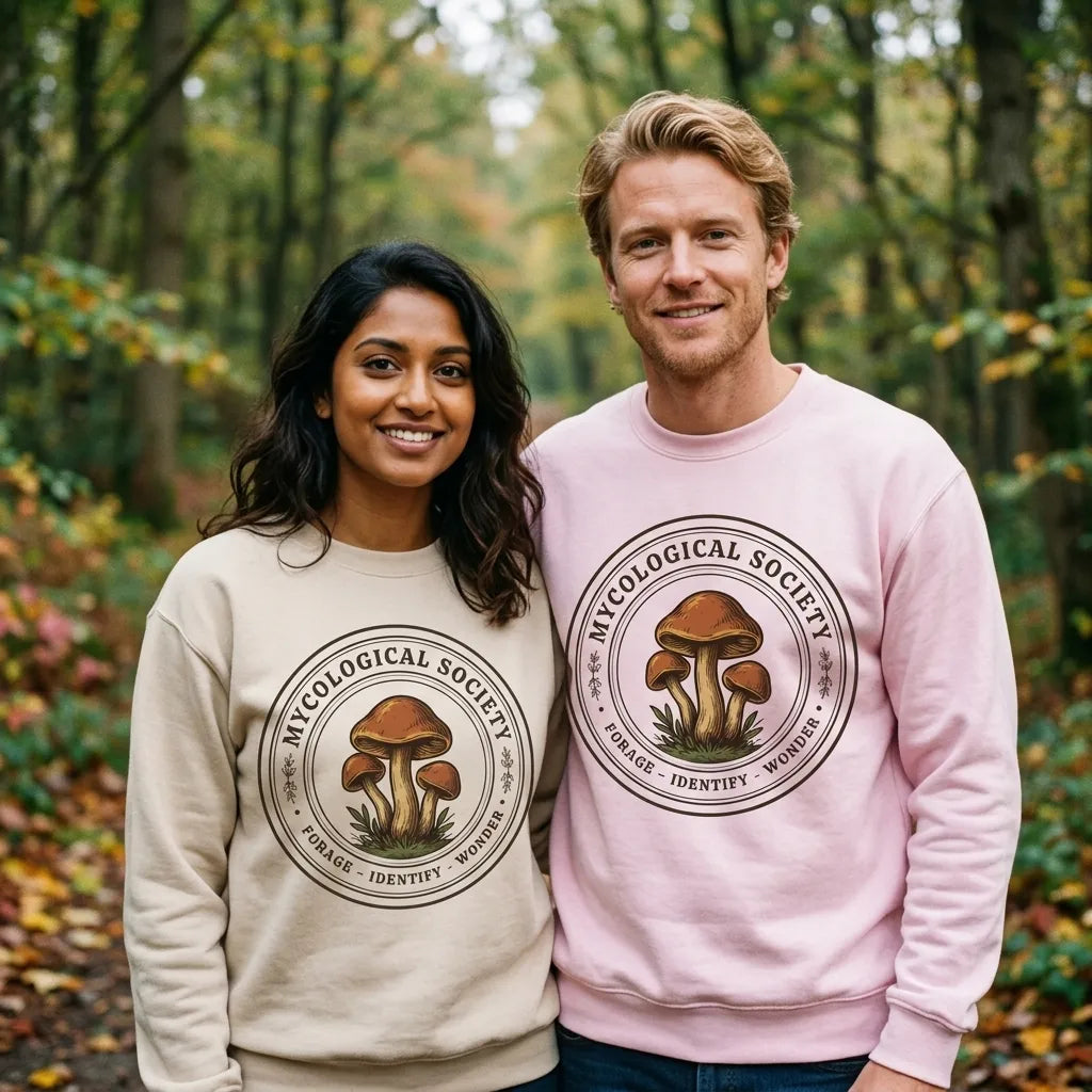 Mushroom Foraging Mycological Society vintage botanical crewneck — lifestyle