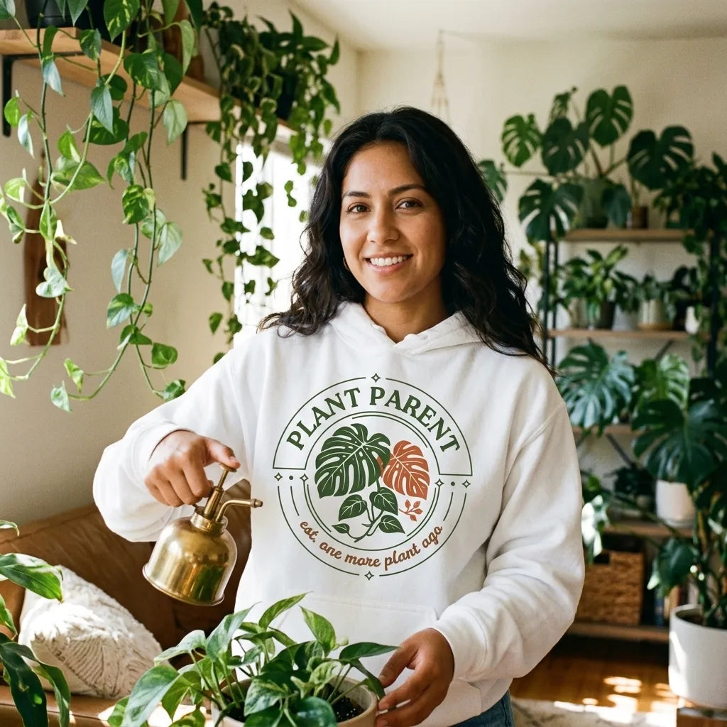 Plant Parent retro botanical badge hoodie — lifestyle