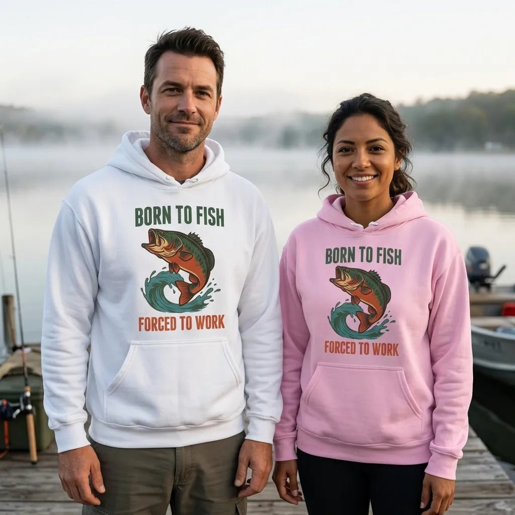 Born to Fish Forced to Work retro fishing humor hoodie — lifestyle