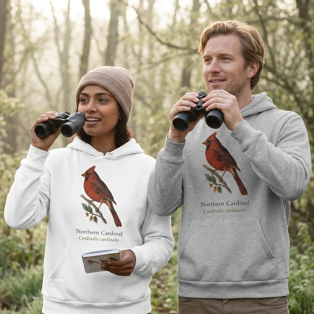 Northern Cardinal vintage field-guide hoodie — lifestyle