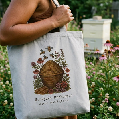 Backyard Beekeeper field-guide bee cotton tote bag — lifestyle