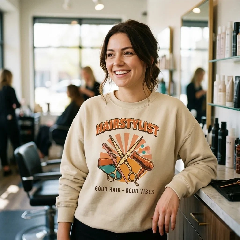 Retro Salon Hairstylist good hair good vibes crewneck — lifestyle