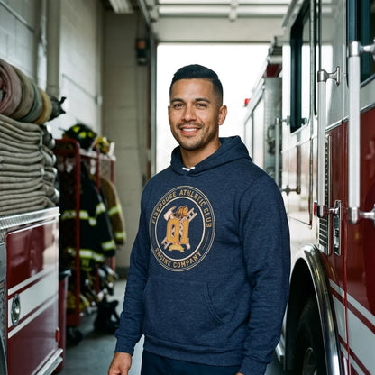 Firehouse Athletic Club retro firefighter emblem hoodie — lifestyle