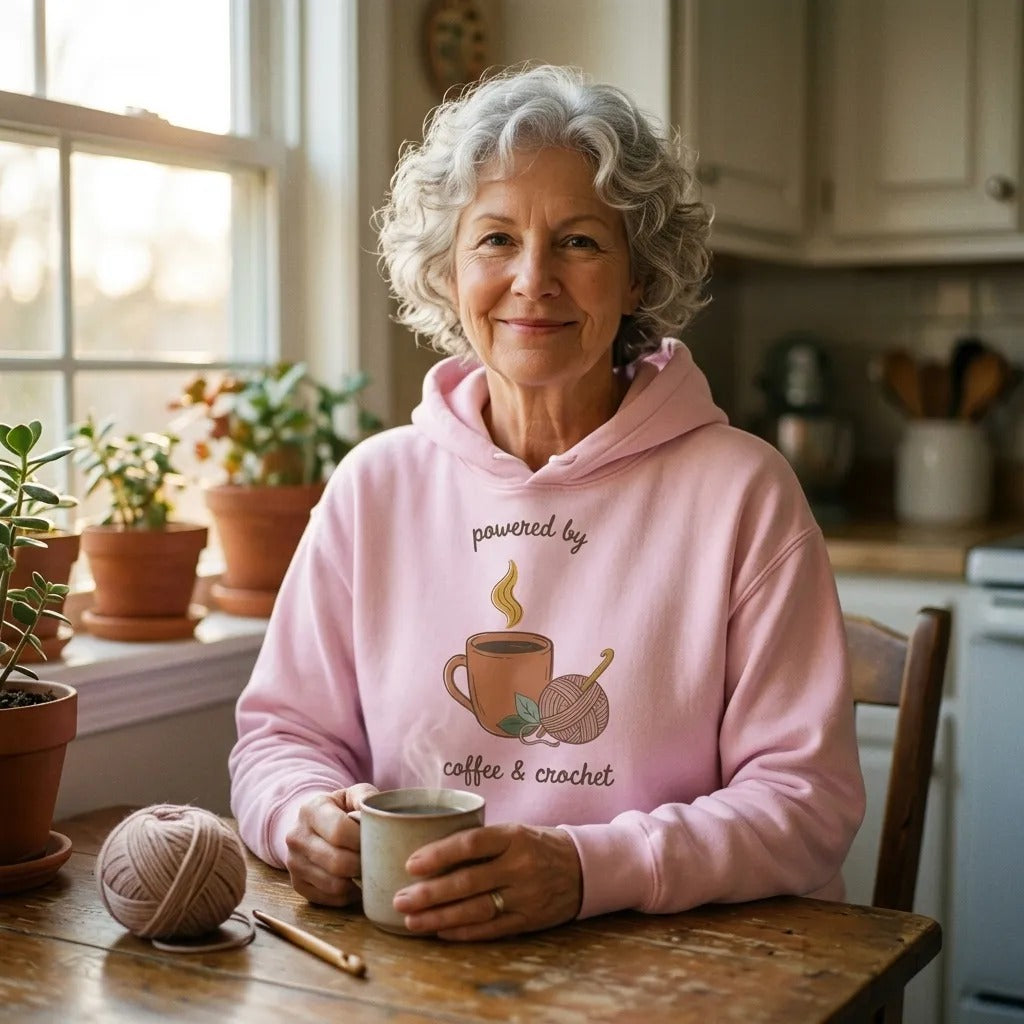 Powered by Coffee and Crochet cottagecore crochet hoodie — lifestyle