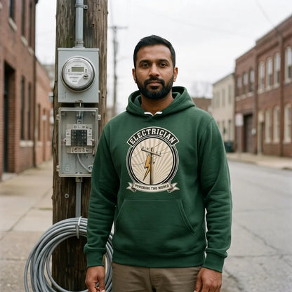 Powering The World electrician emblem hoodie — lifestyle