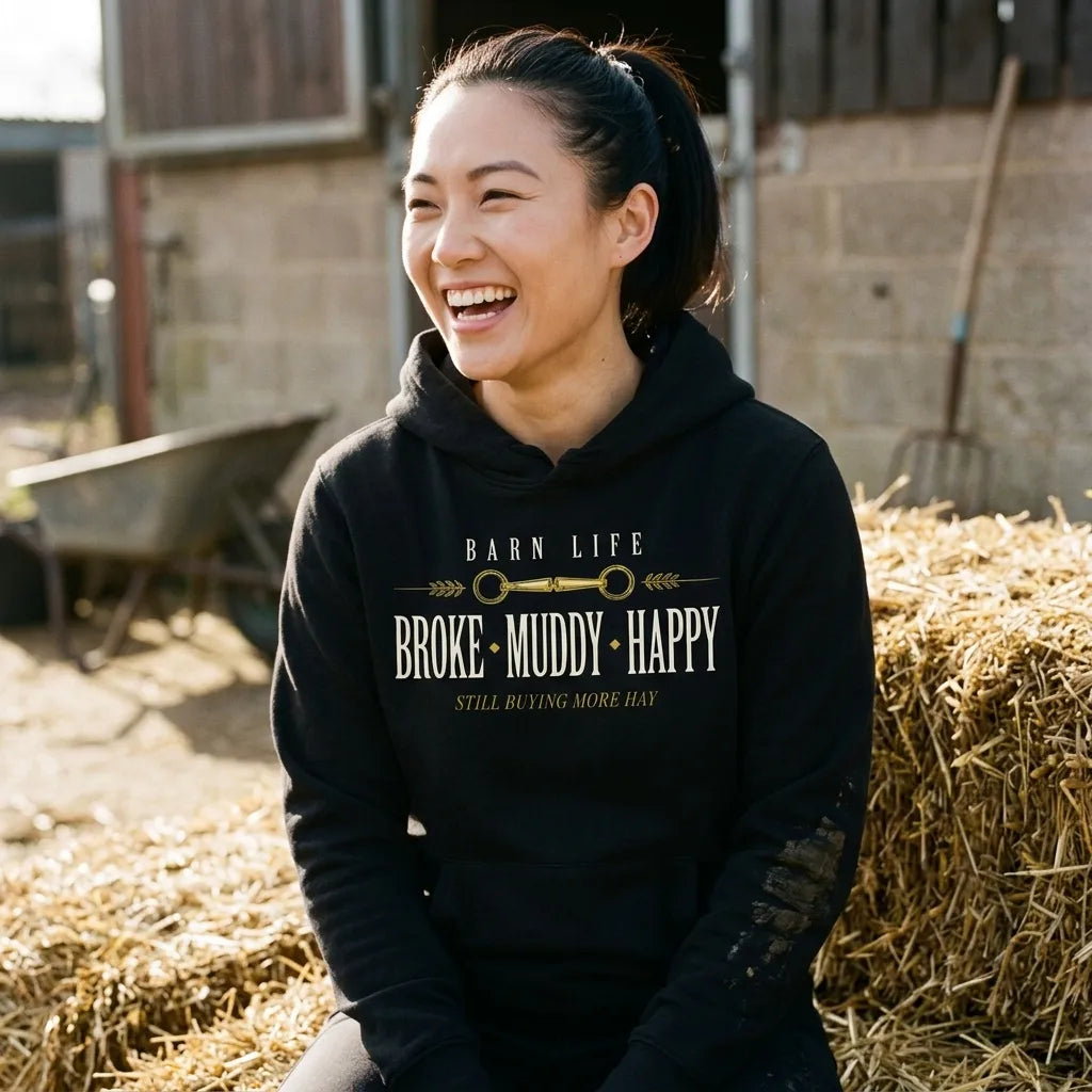 Broke Muddy Happy funny barn life equestrian hoodie — lifestyle