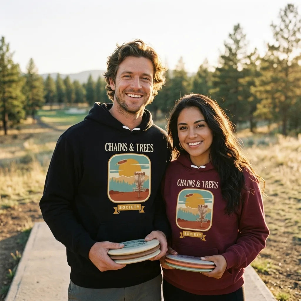 Chains & Trees Society disc golf retro landscape hoodie — lifestyle