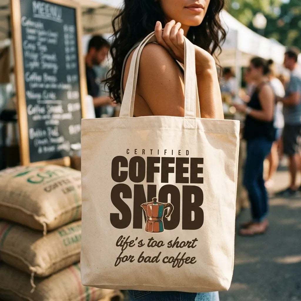 Certified Coffee Snob coffee canvas tote bag — lifestyle
