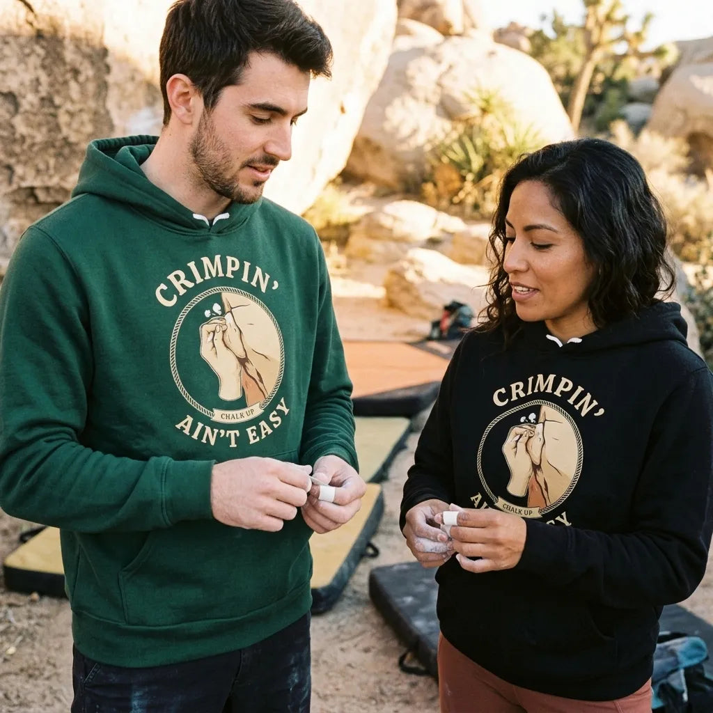 Crimpin' Ain't Easy bouldering badge hoodie — lifestyle
