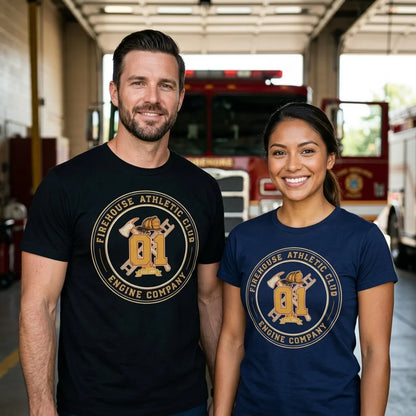 Firehouse Athletic Club retro firefighter emblem tee — lifestyle