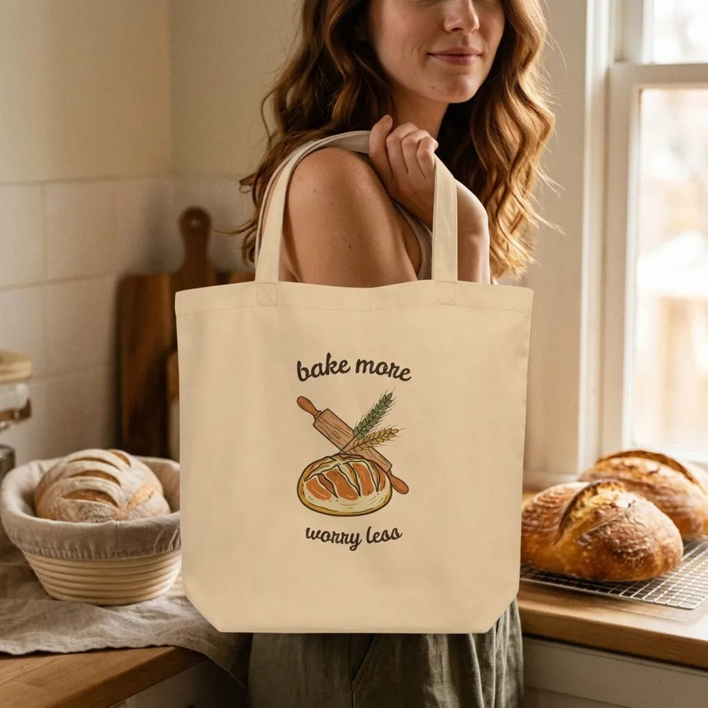 Bake More Worry Less retro kitchen sourdough canvas tote bag — lifestyle