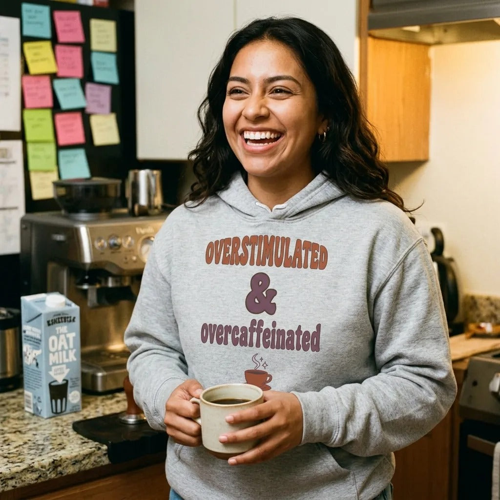 Overstimulated & Overcaffeinated soft retro coffee mental health hoodie — lifestyle