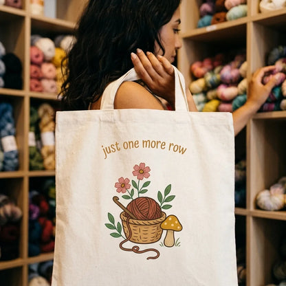 Just One More Row crochet cottagecore cotton tote bag — lifestyle
