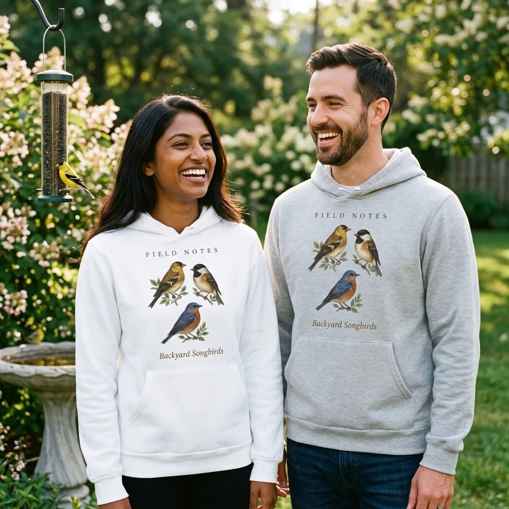 Backyard Songbirds vintage field-guide hoodie — lifestyle