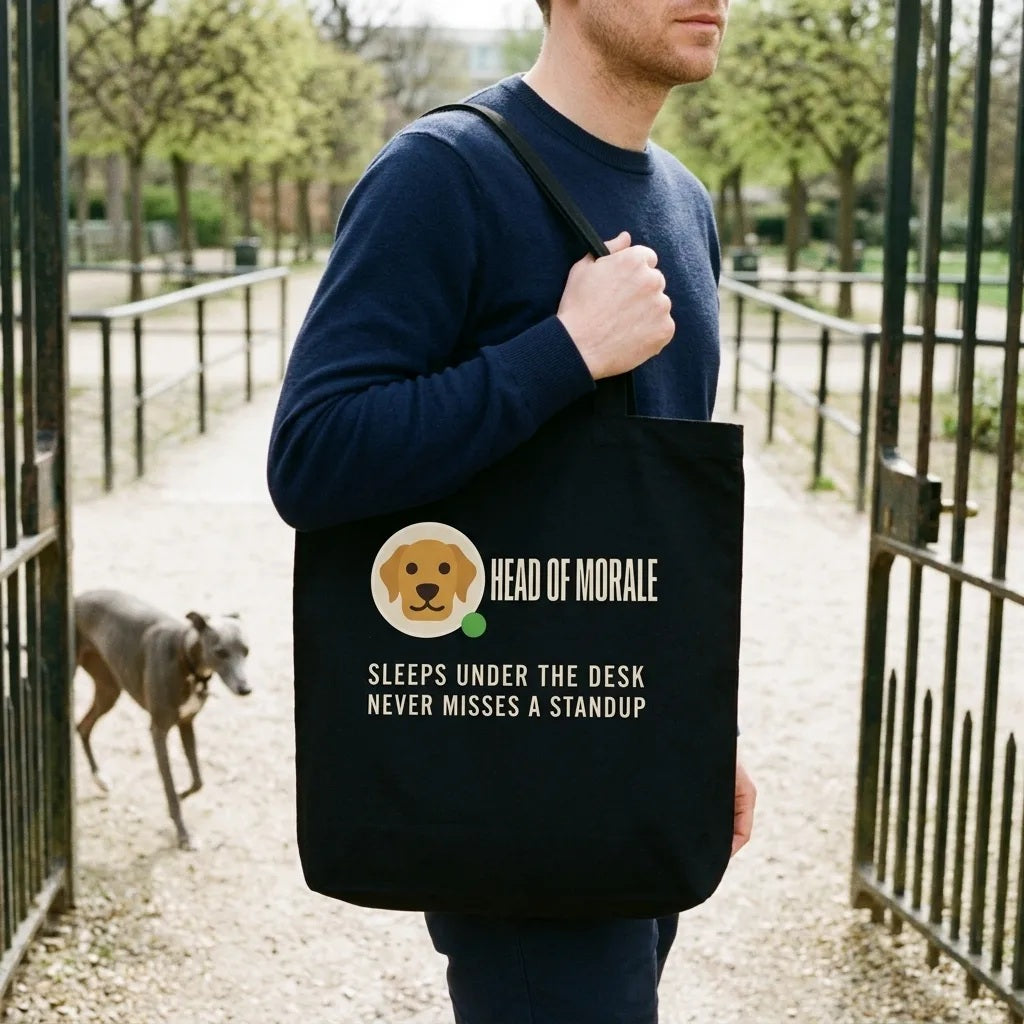 Head of Morale dog profile card tote bag — lifestyle