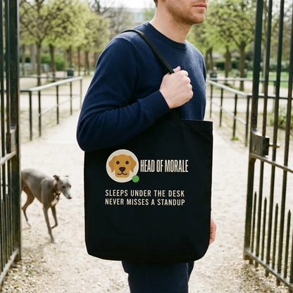 Head of Morale dog profile card tote bag — lifestyle