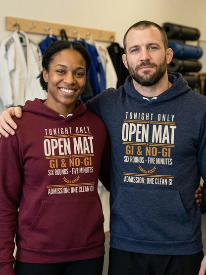 Open Mat Tonight Brazilian jiu jitsu hoodie — lifestyle