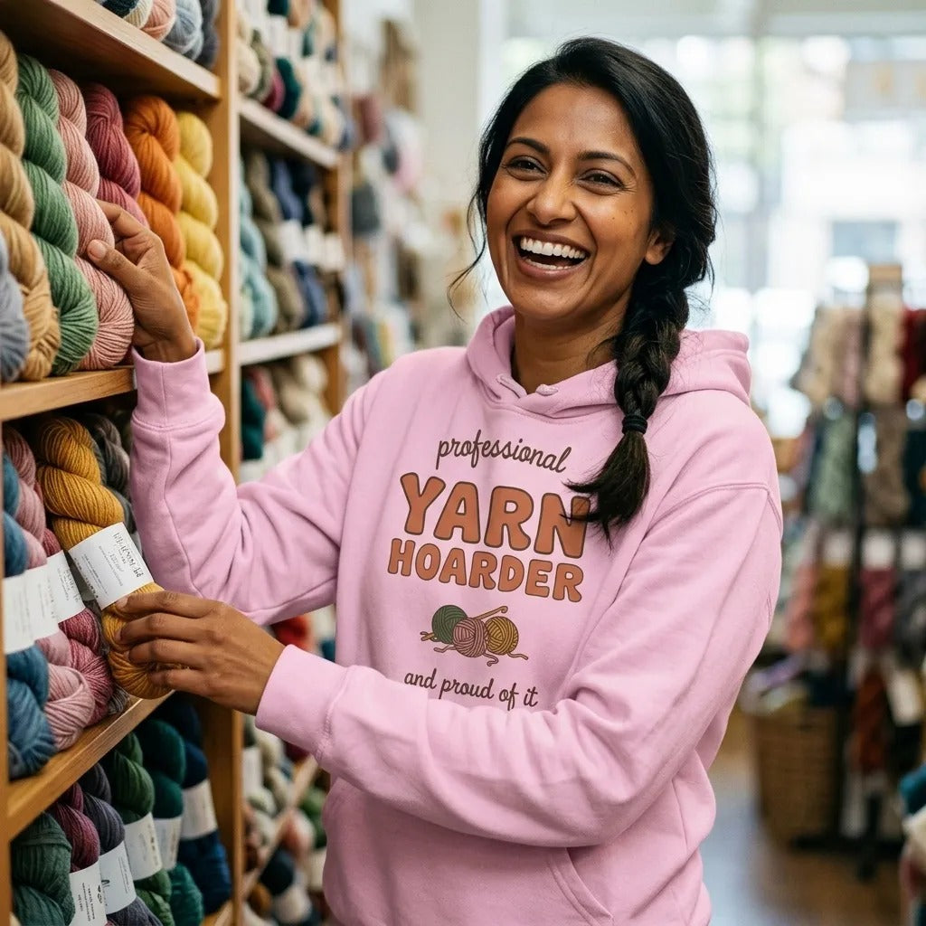 Professional Yarn Hoarder crochet cottagecore hoodie — lifestyle