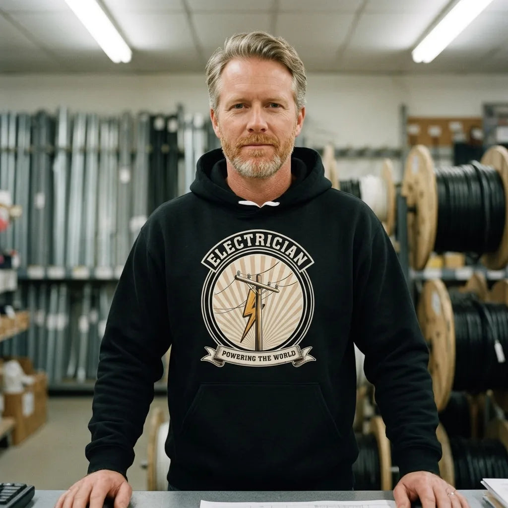 Powering The World electrician emblem hoodie — lifestyle