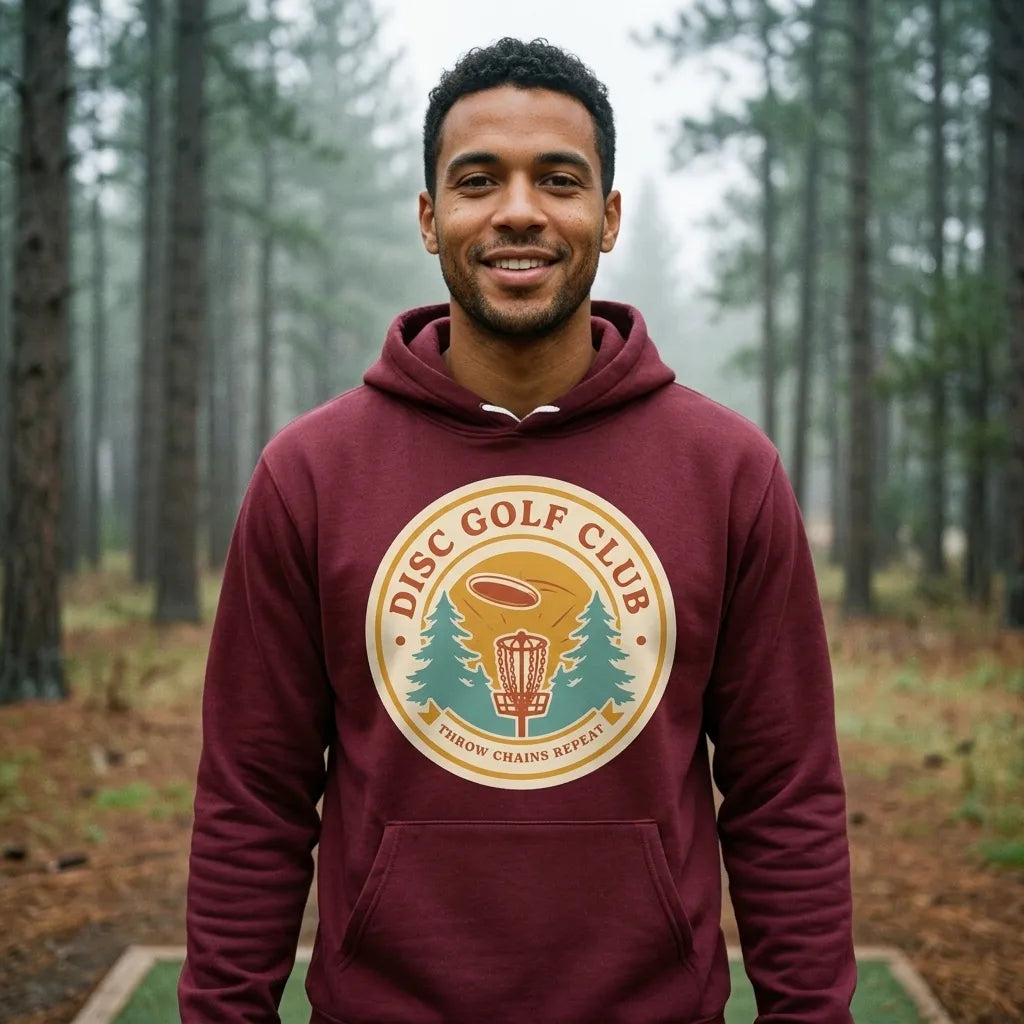 Disc Golf Club retro badge hoodie — lifestyle
