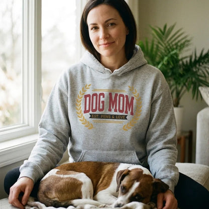 Dog Mom vintage varsity wordmark hoodie — lifestyle