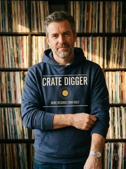 Crate Digger vinyl record hoodie — lifestyle