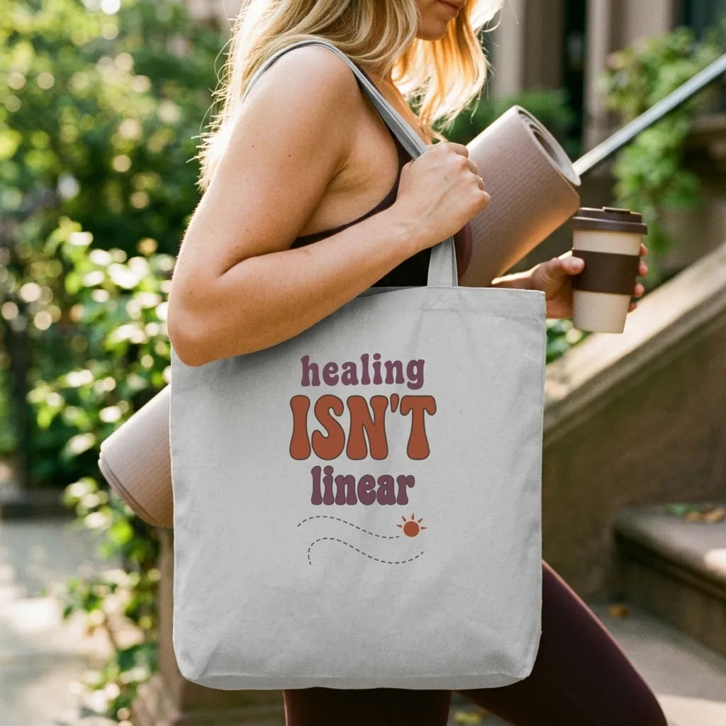 Healing Isn't Linear soft retro mental health cotton tote bag — lifestyle