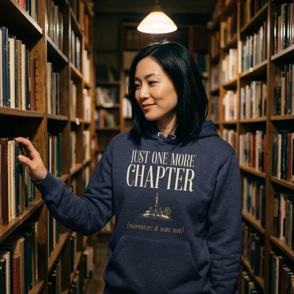 Just One More Chapter book lover dark academia hoodie — lifestyle