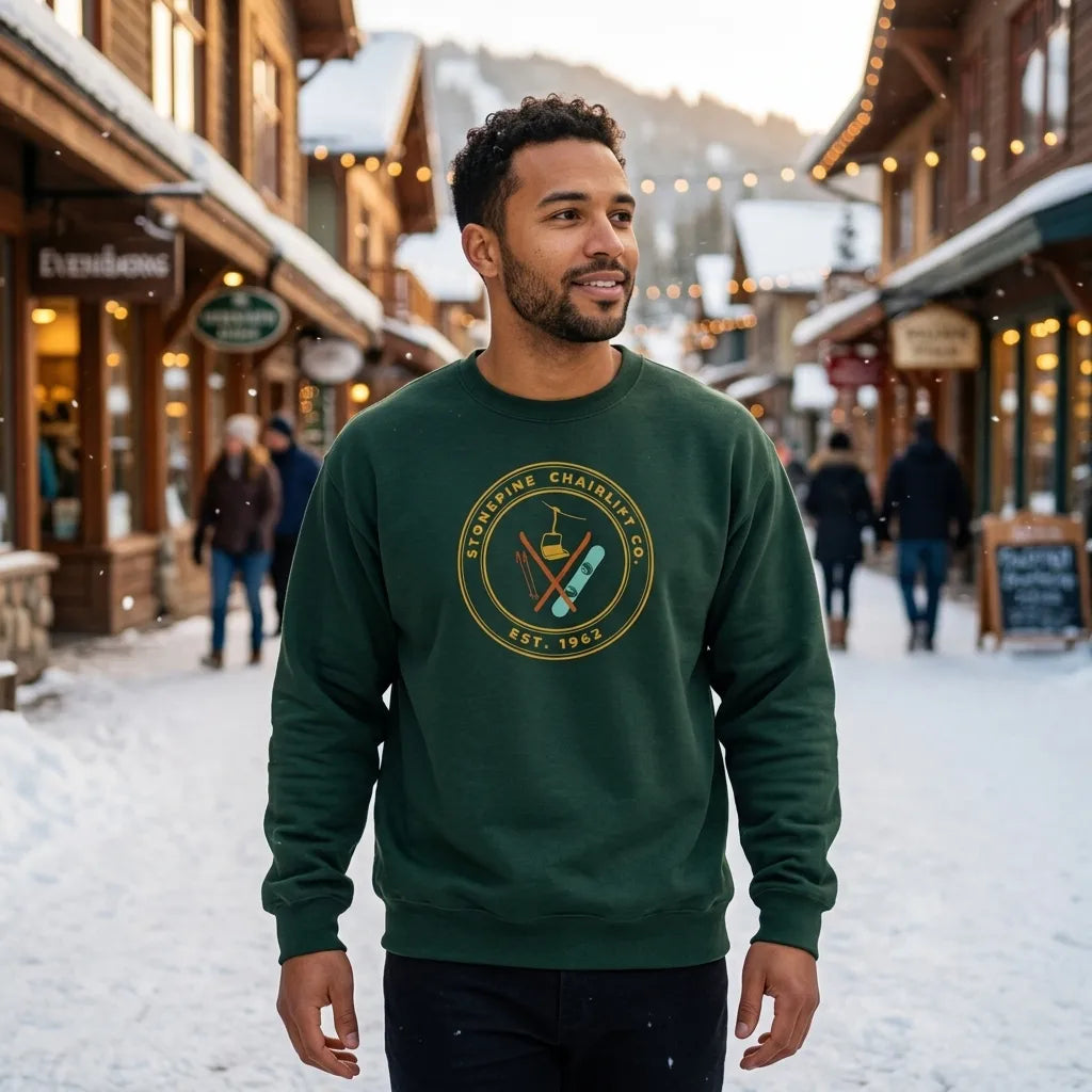 Stonepine Chairlift Co. retro vintage ski club badge crewneck sweatshirt — lifestyle