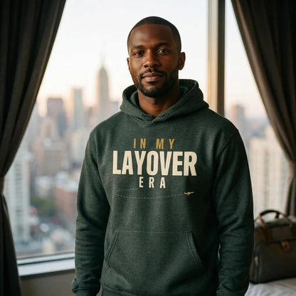In My Layover Era flight attendant hoodie — lifestyle
