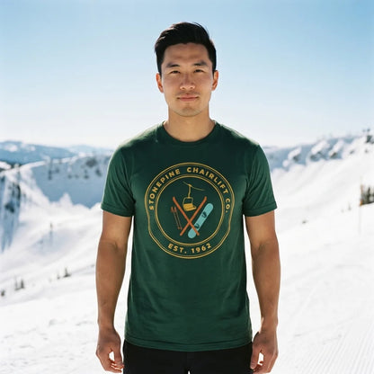 Stonepine Chairlift Co. retro vintage ski club badge t-shirt — lifestyle