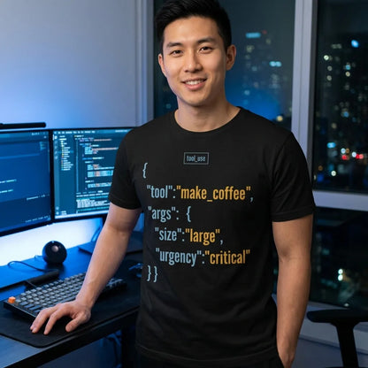Tool Call Make Coffee AI engineer tee — lifestyle