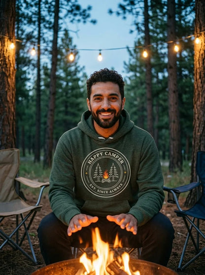 Happy Camper retro camp badge hoodie — lifestyle