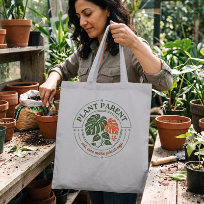 Plant Parent retro botanical badge cotton tote bag — lifestyle